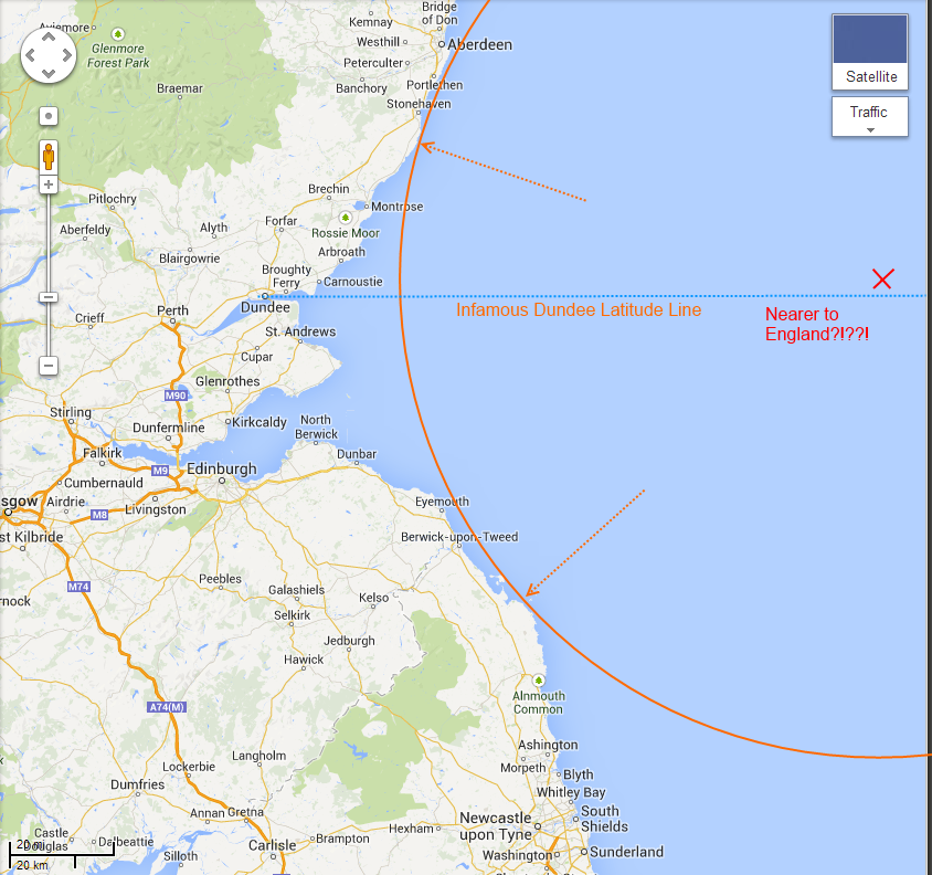 How a spot in the North Sea that is north of Dundee can indeed be nearer to England than Scotland.